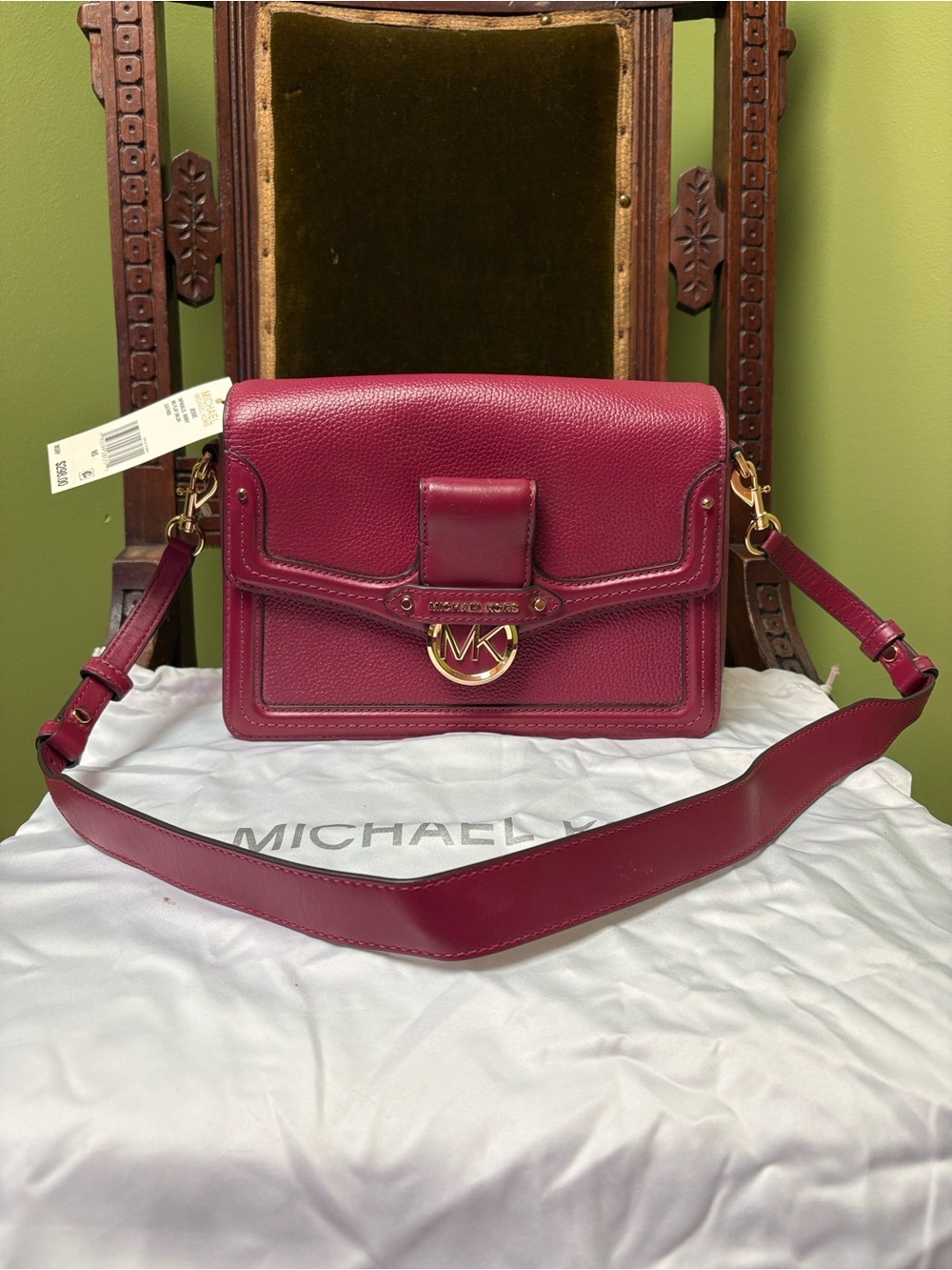 Michael Kors Berry Pebbled Leather Crossbody “Jessie” with Gold MK, NWT